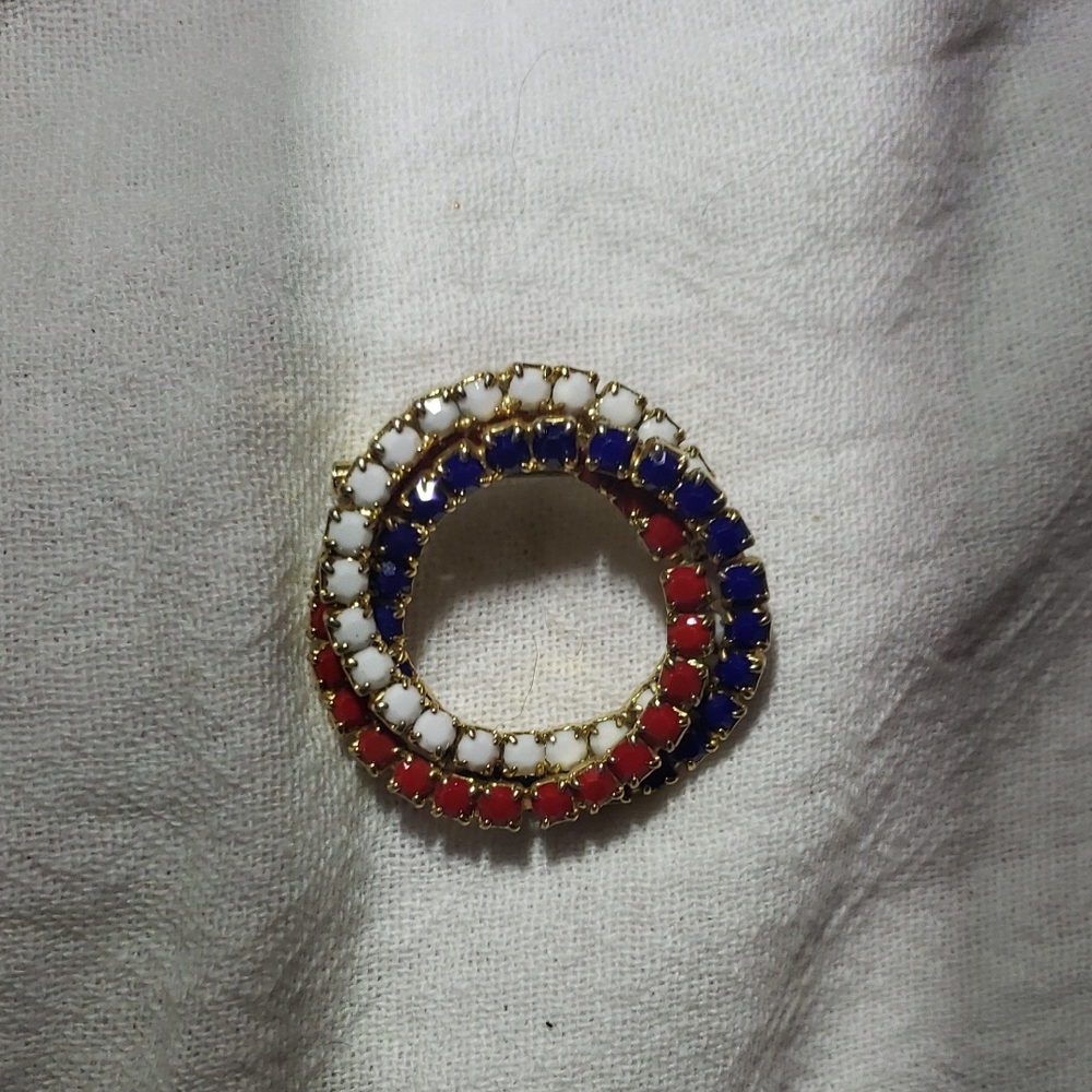 Gold-Tone Tricolor Brooch with Red, White, and Blue Accents